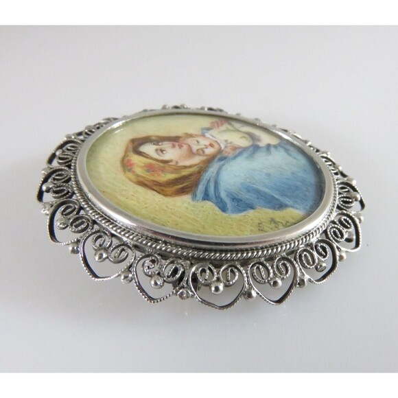 Old Hand Painted Miniature Madonna of the Streets 800 Silver Pendant Brooch - Picture 3 of 11